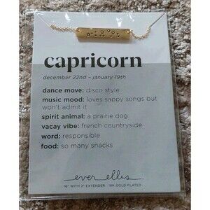 Capricorn Zodiac Bar Necklace 18K Gold Plated Ever Ellis 16" Dec 22 - Jan 19
